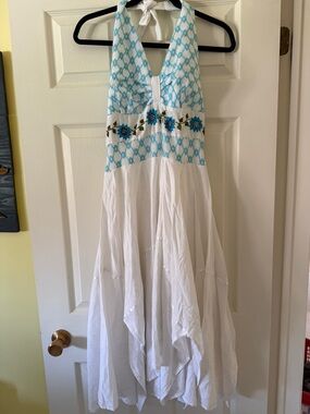 White Halter Maxi Dress with Turquoise Embroidery